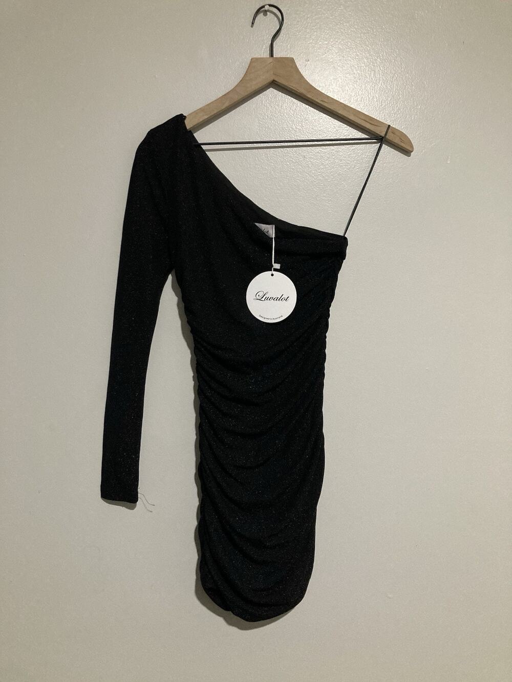 Luvalot One Shoulder Ruched Sparkle Black Mini Dress US Size 2 NWT